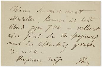 LISZT, FRANZ. Autograph Note Signed, FLiszt, in German, on the verso of his printed visiting card,